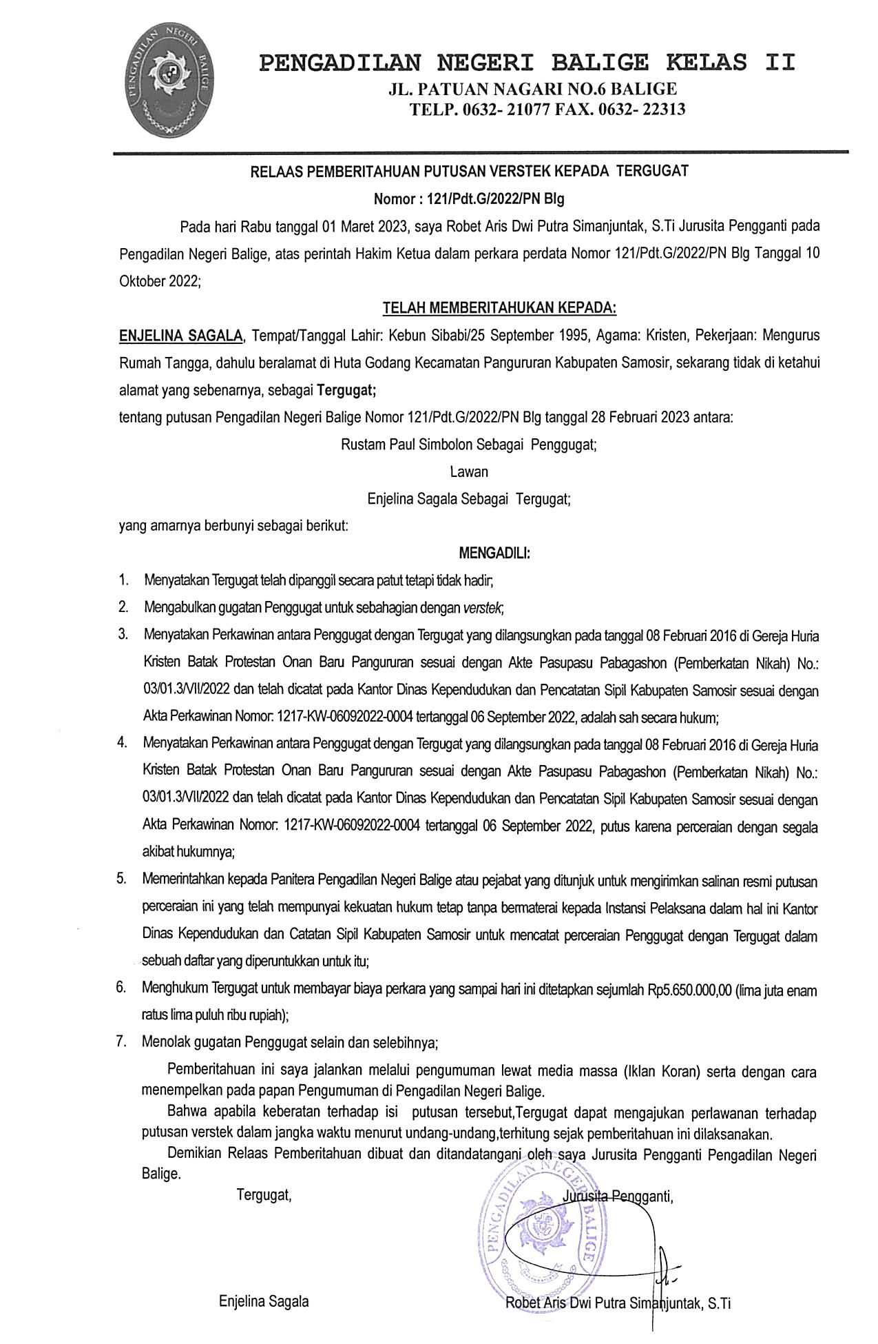 Relaas Pemberitahuan Putusan Verstek Kepada Tergugat Nomor : 121/Pdt.G/2022/PN Blg
